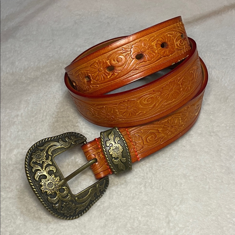 Ys Embossed Leather Belt with Brass Buckle